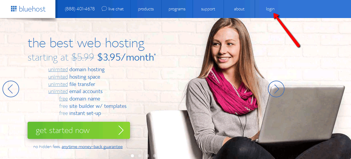 click Login to enter your new bluehost account